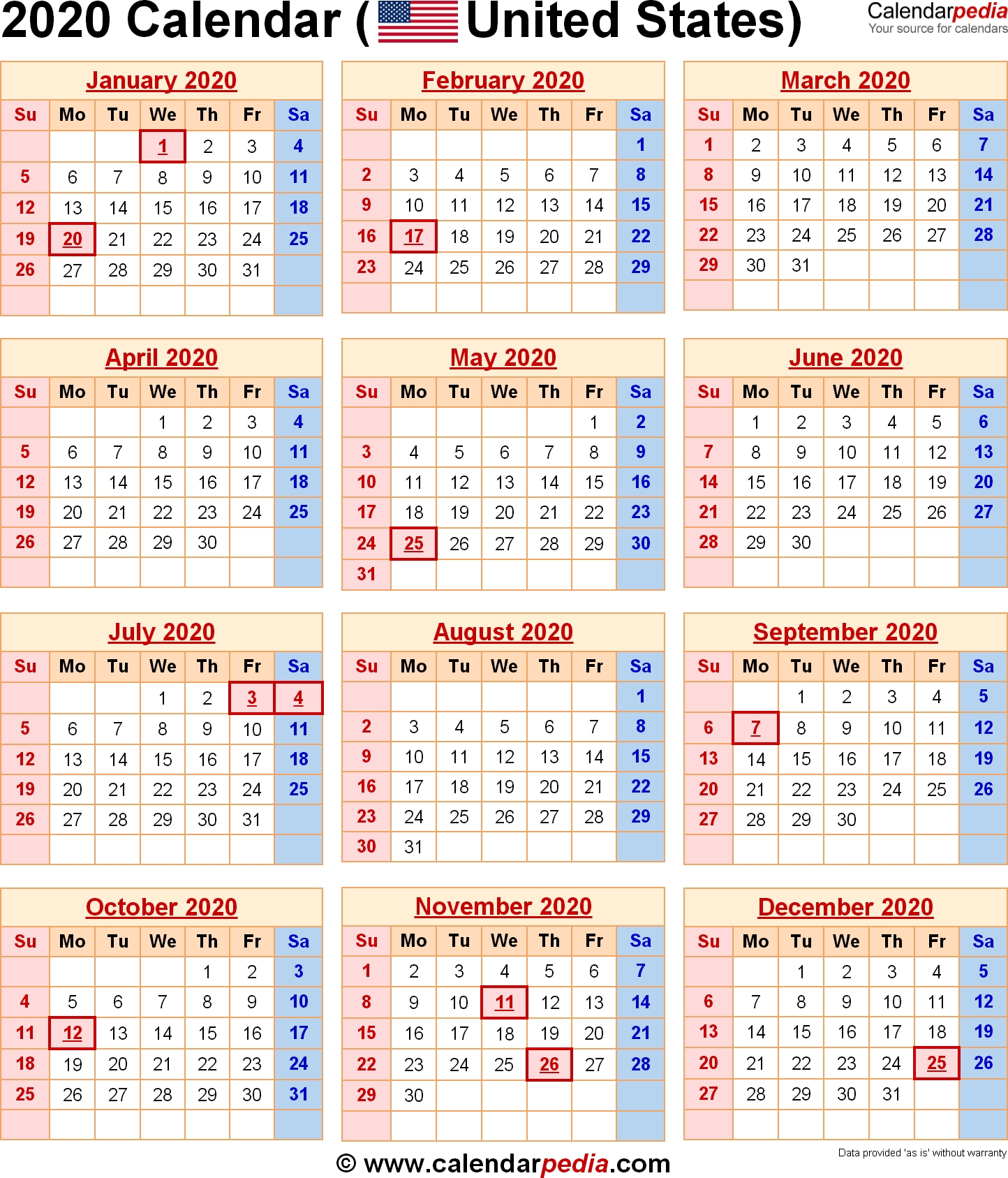 2020 Calendar With Federal Holidays &amp; Excel/pdf/word Templates throughout 2029 2020 Year At A Gllance Calendar