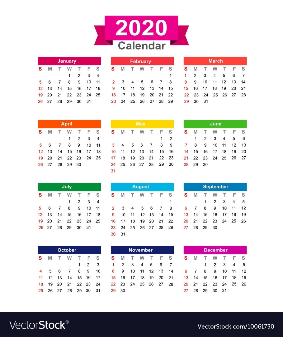 2020 Year Calendar Isolated On White Background Vector Image pertaining to 2020 Calendar