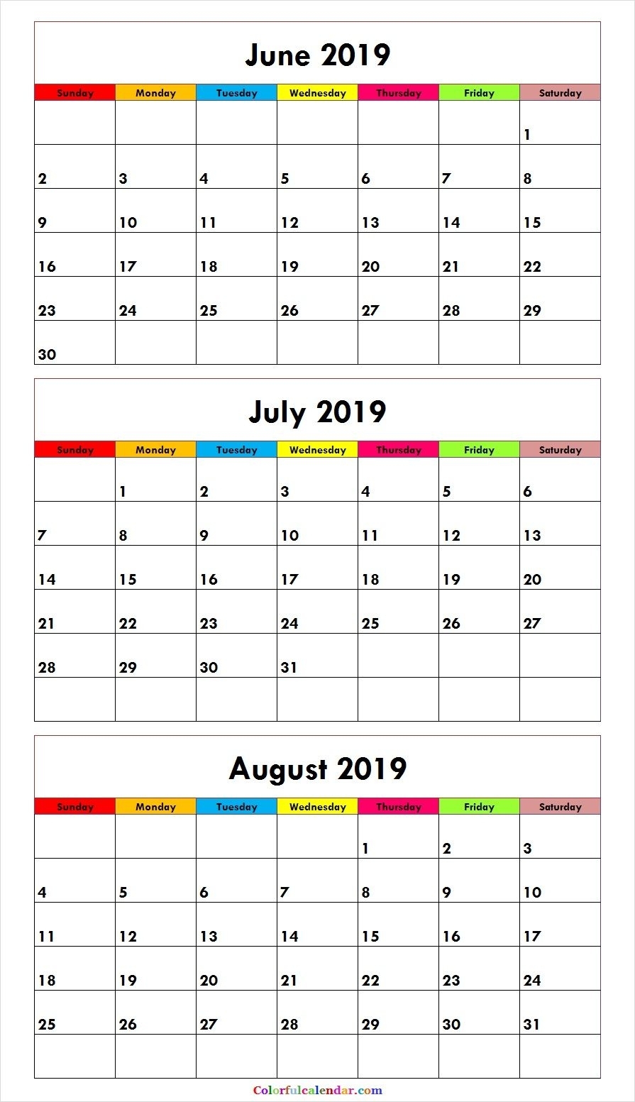 3 Month June July August 2019 Calendar Green | Misc. Stuff | August intended for 3 Month Calendars To Print