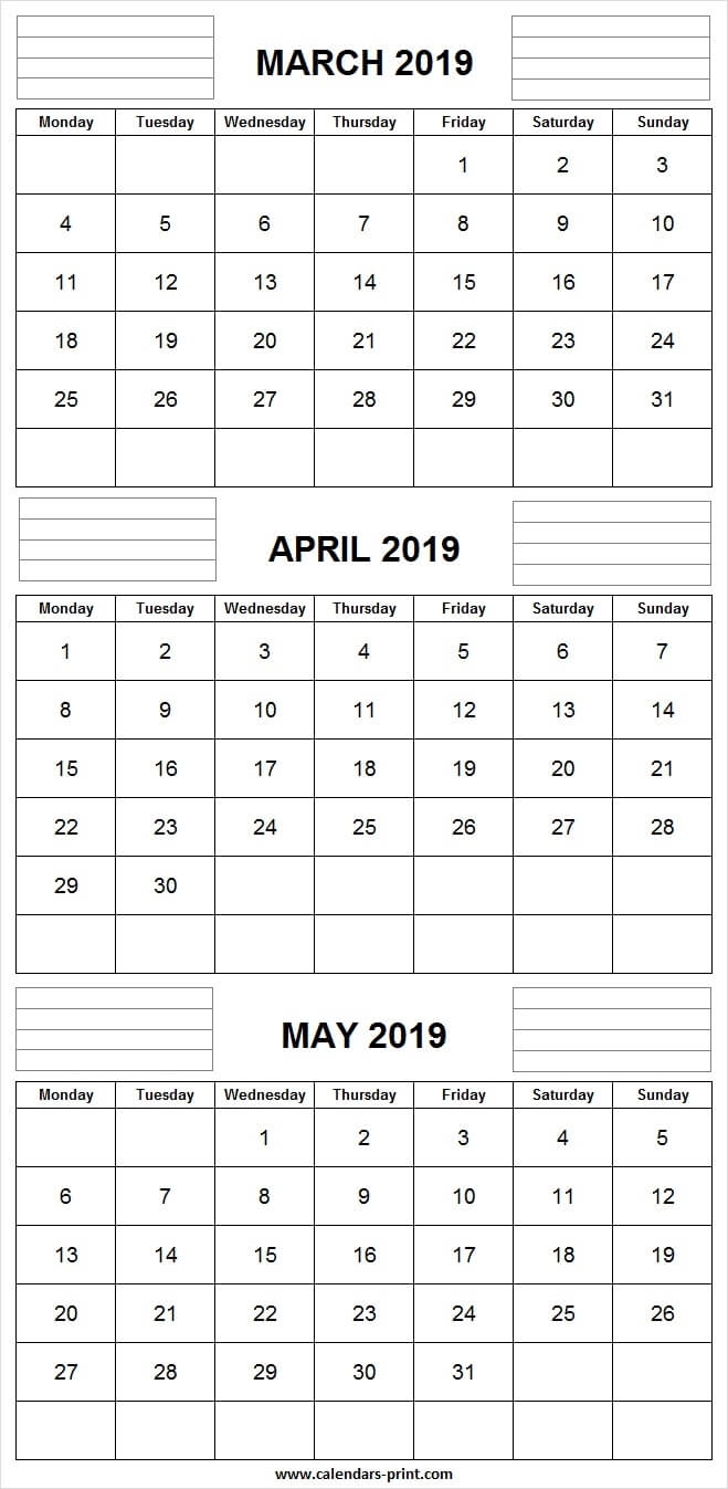 3 Monthly March April May Calendar 2019 | Editable Template for 3 Month Calendars To Print