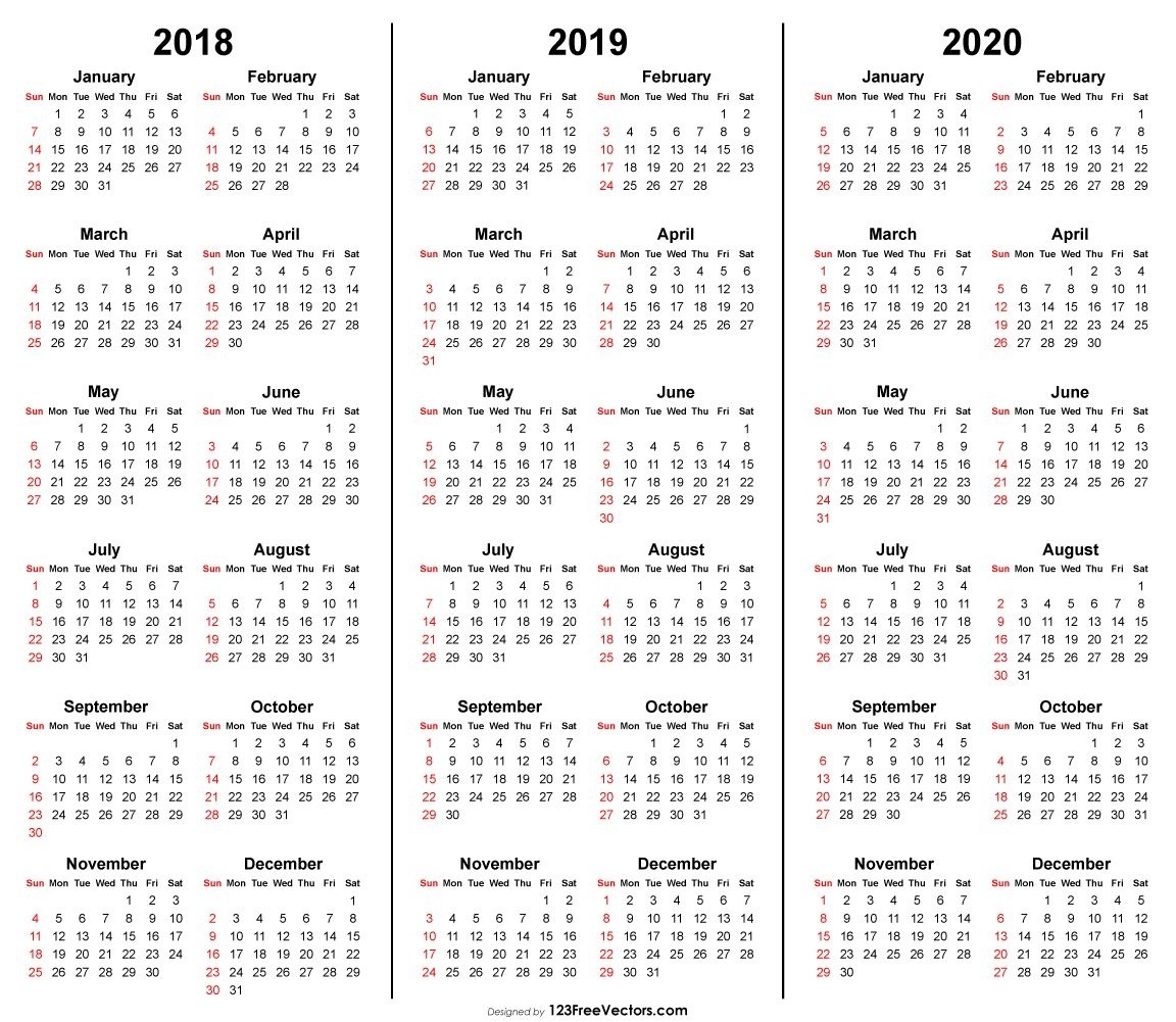 3 Year Calendar 2018 2019 2020 Printable | 2019 Calendar | Free inside 2020 Printable Liturgical Calendar Free