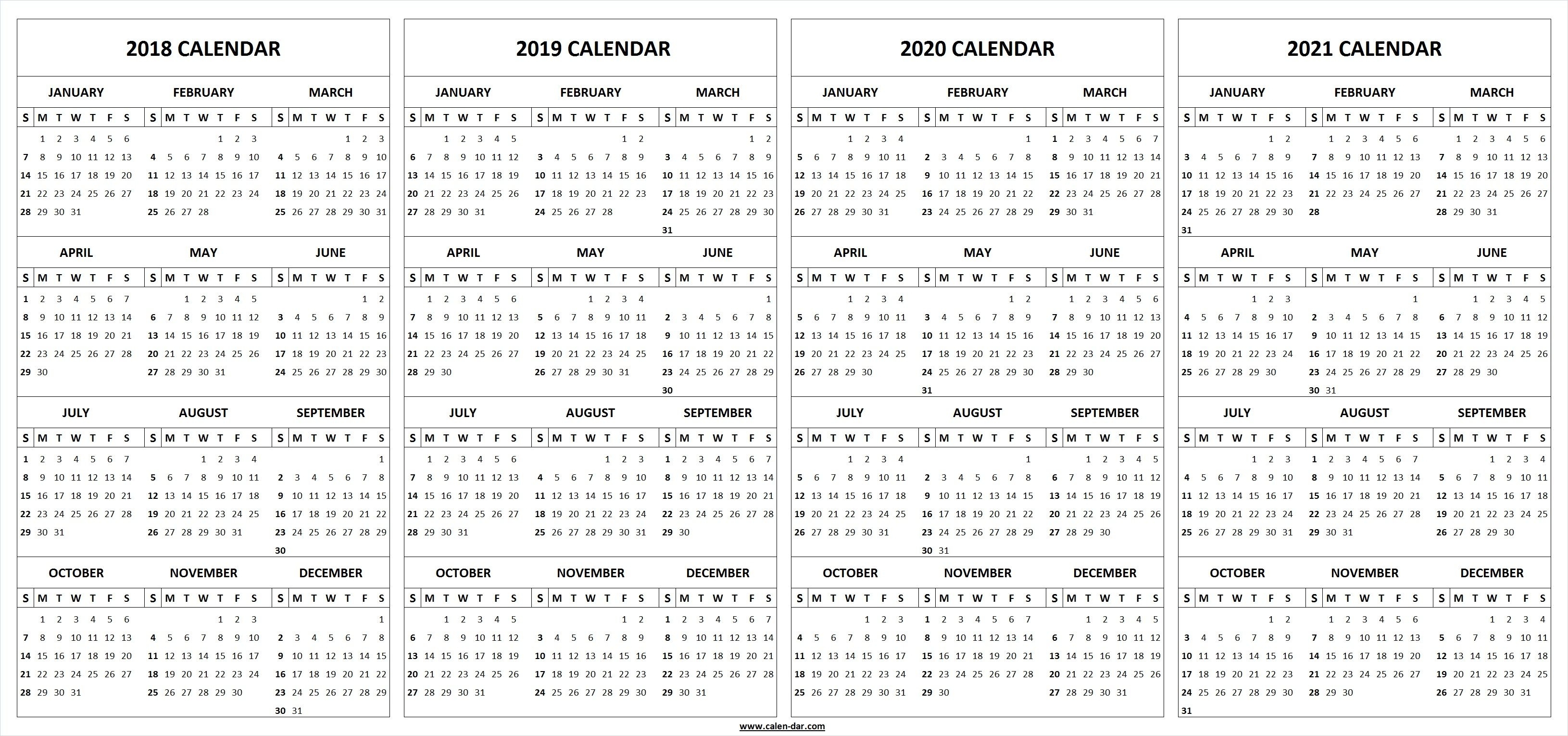 4 Four Year 2018 2019 2020 2021 Calendar Printable Template in Calendars 2019 2020 2021