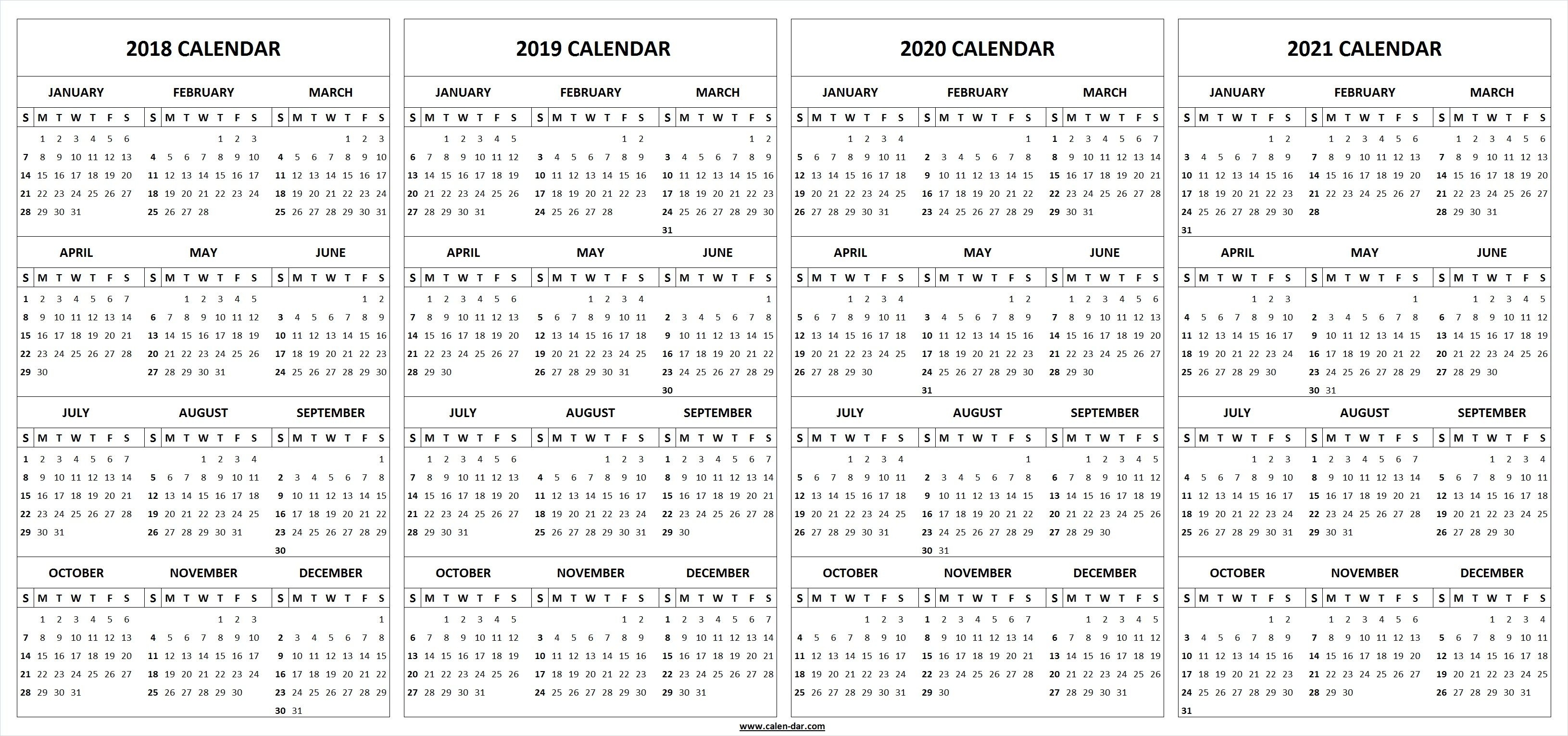 4 Four Year 2018 2019 2020 2021 Calendar Printable Template pertaining to Calendar Yearly 2019 2020 2021