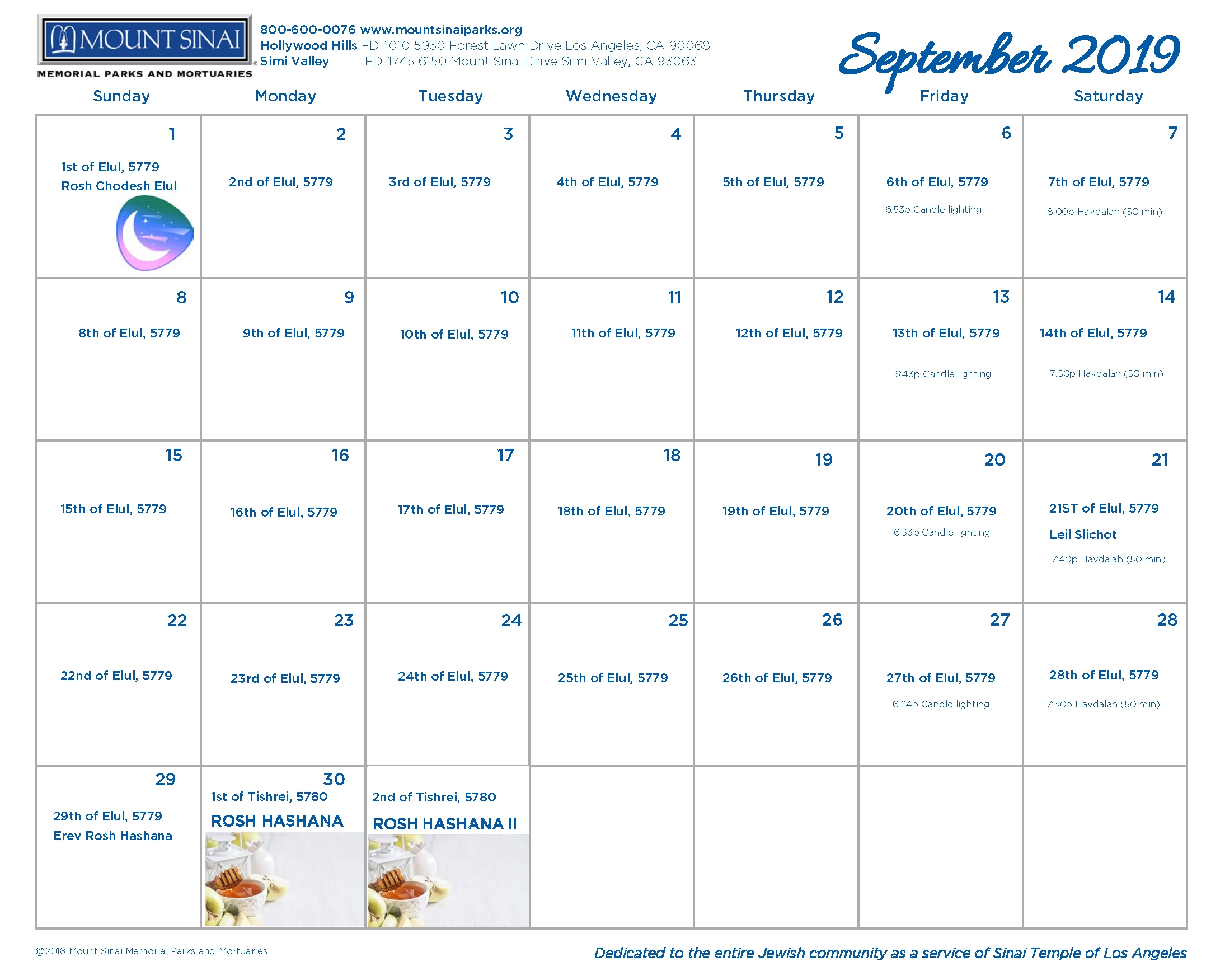 5779 Hebrew Calendar - Mount Sinai Memorial Parks And Mortuaries regarding Hebrew Calendar 2019-2020