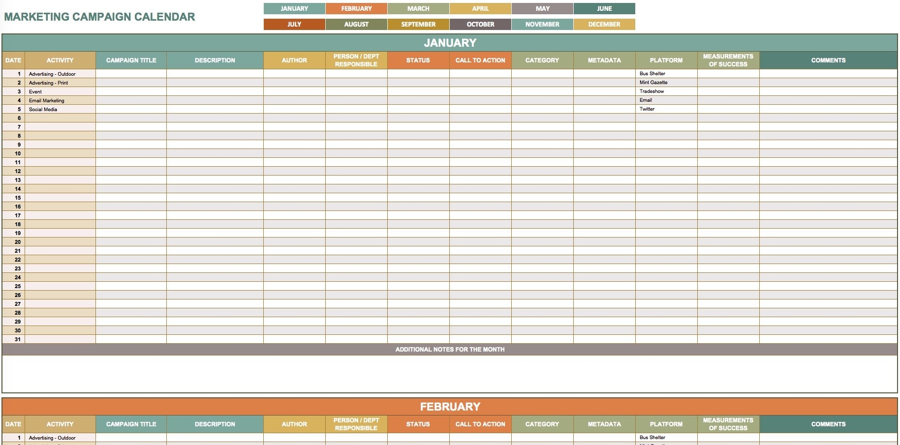 9 Free Marketing Calendar Templates For Excel - Smartsheet for Schedule Of Activities Calendar Format