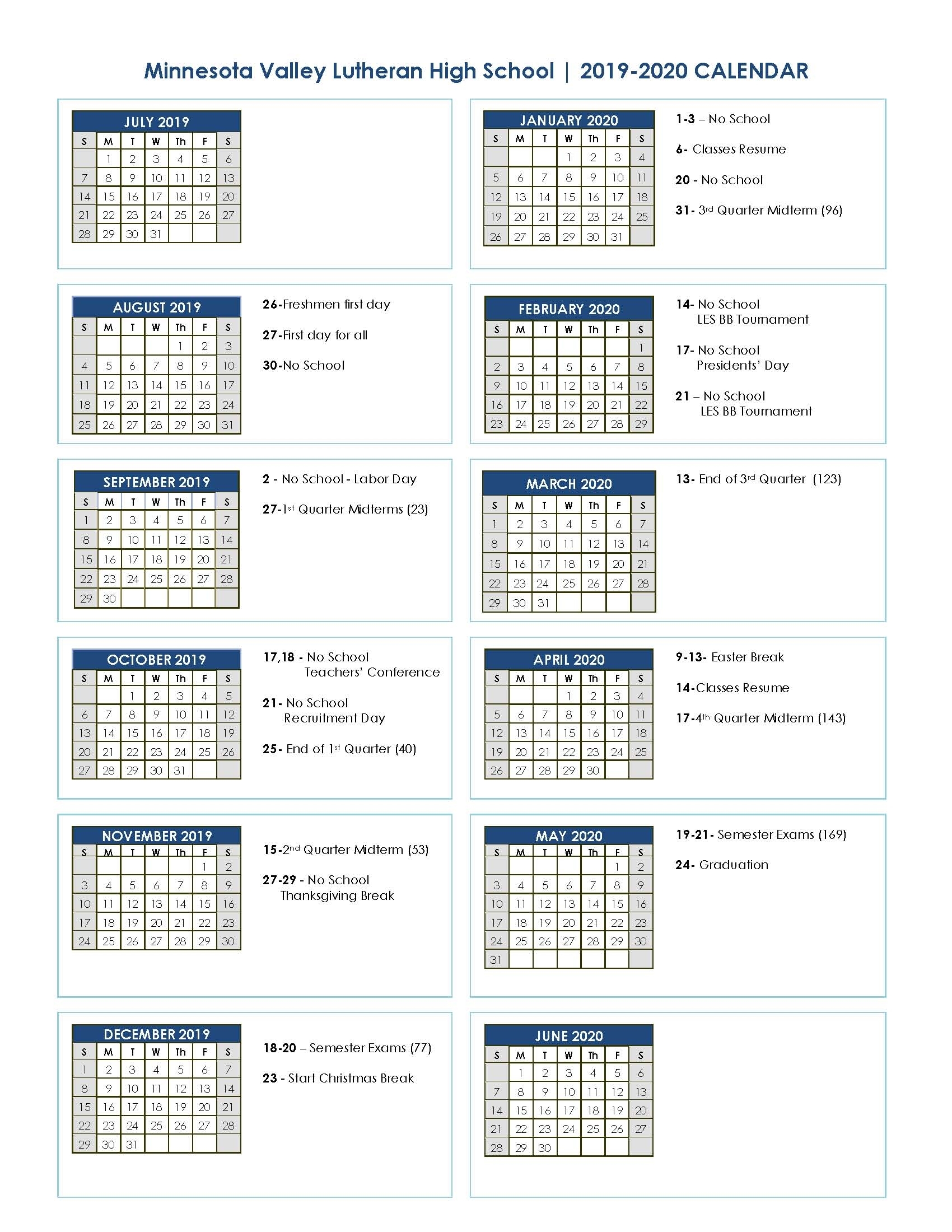 Academic Calendar 2019-2020 | Minnesota Valley Lutheran High School with regard to 2019/2020 Year Quarters