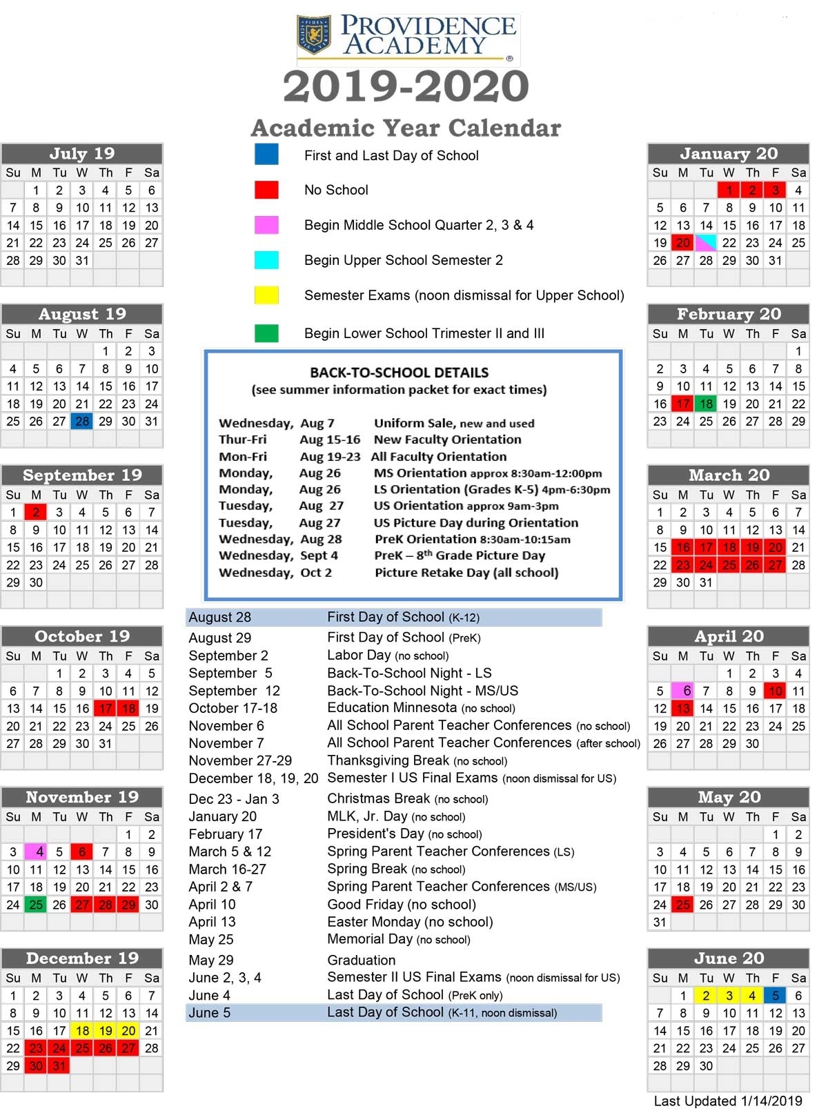 Academic Calendar - Providence Academy regarding U Of M Calander 2019-2020