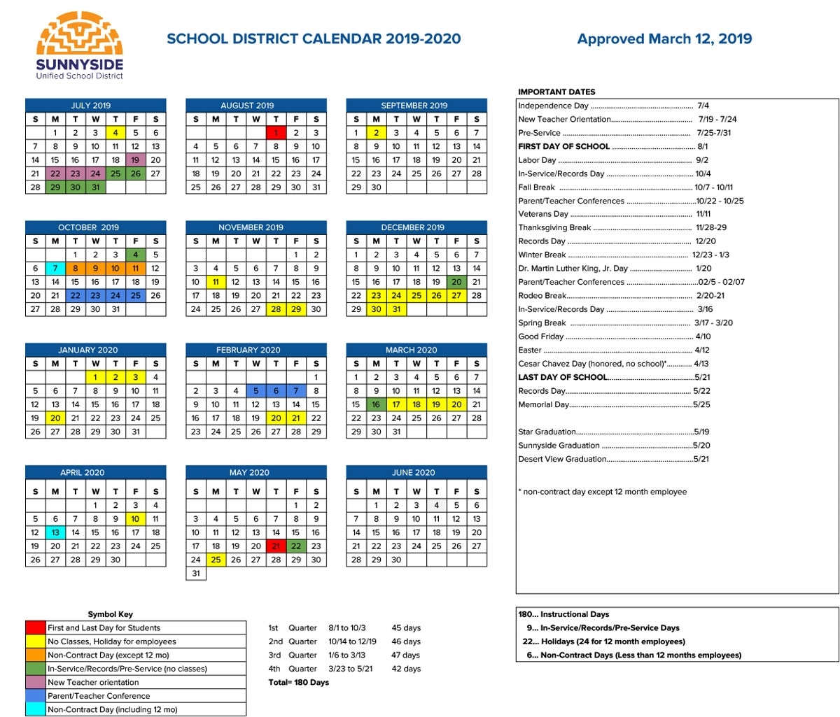 Academic Calendar | Sunnyside Unified School District with regard to Special Days Calendar 2019-2020