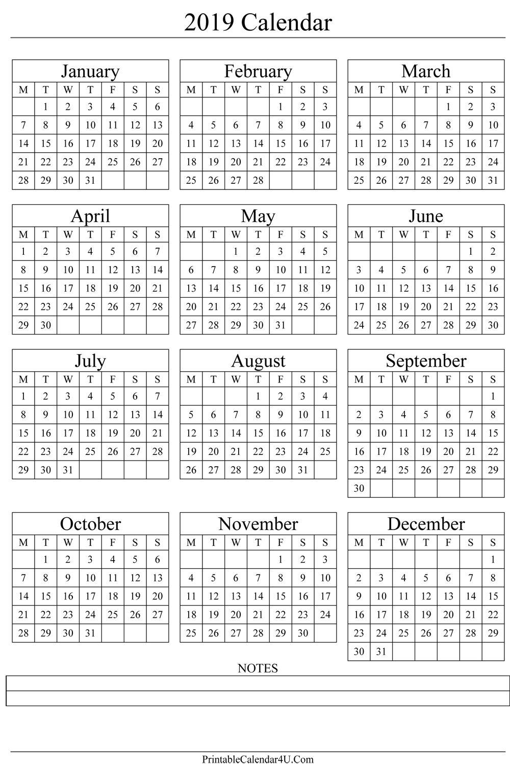 Annual Calendar 2019 Portrait Printable Calendar 2017 2018 2019 pertaining to 5X 7 Printable 2019-2020