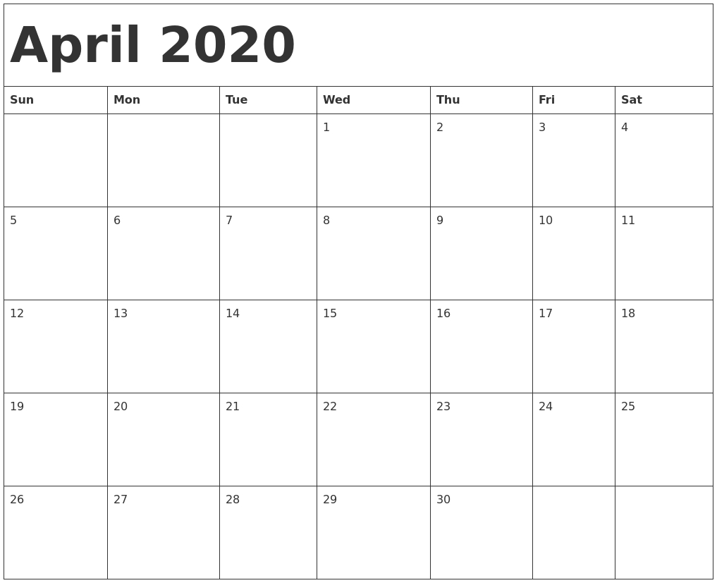 April 2020 Calendar Template for Calender 2020 Template Monday To Sunday