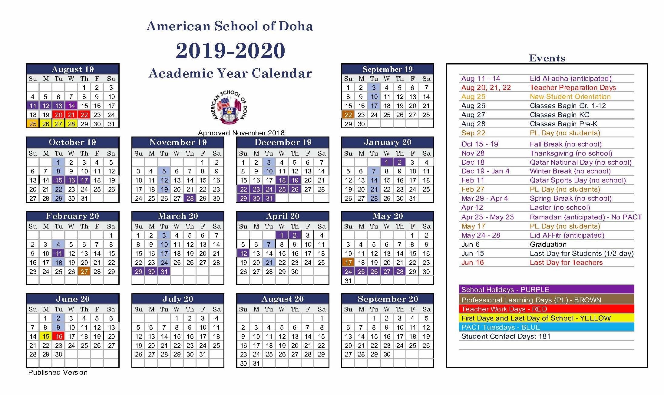 Asd Calendar 2018-2019 - American School Of Doha | International with regard to 2019 2020 Box Calender