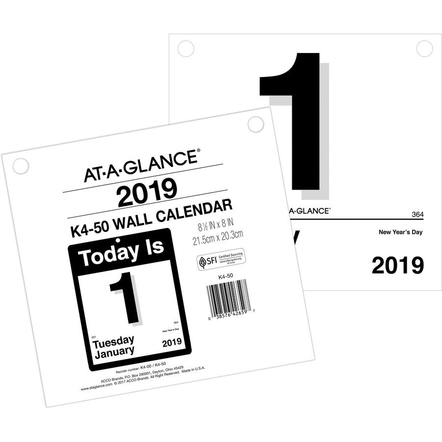 At-A-Glance &quot;today Is&quot; Daily Wall Calendar Refill - Yes - Daily - 1 Year -  January 2020 Till December 2020 - 1 Day Single Page Layout - 8 1/2&quot; X 8&quot; - intended for Calendar 2020 Large Box