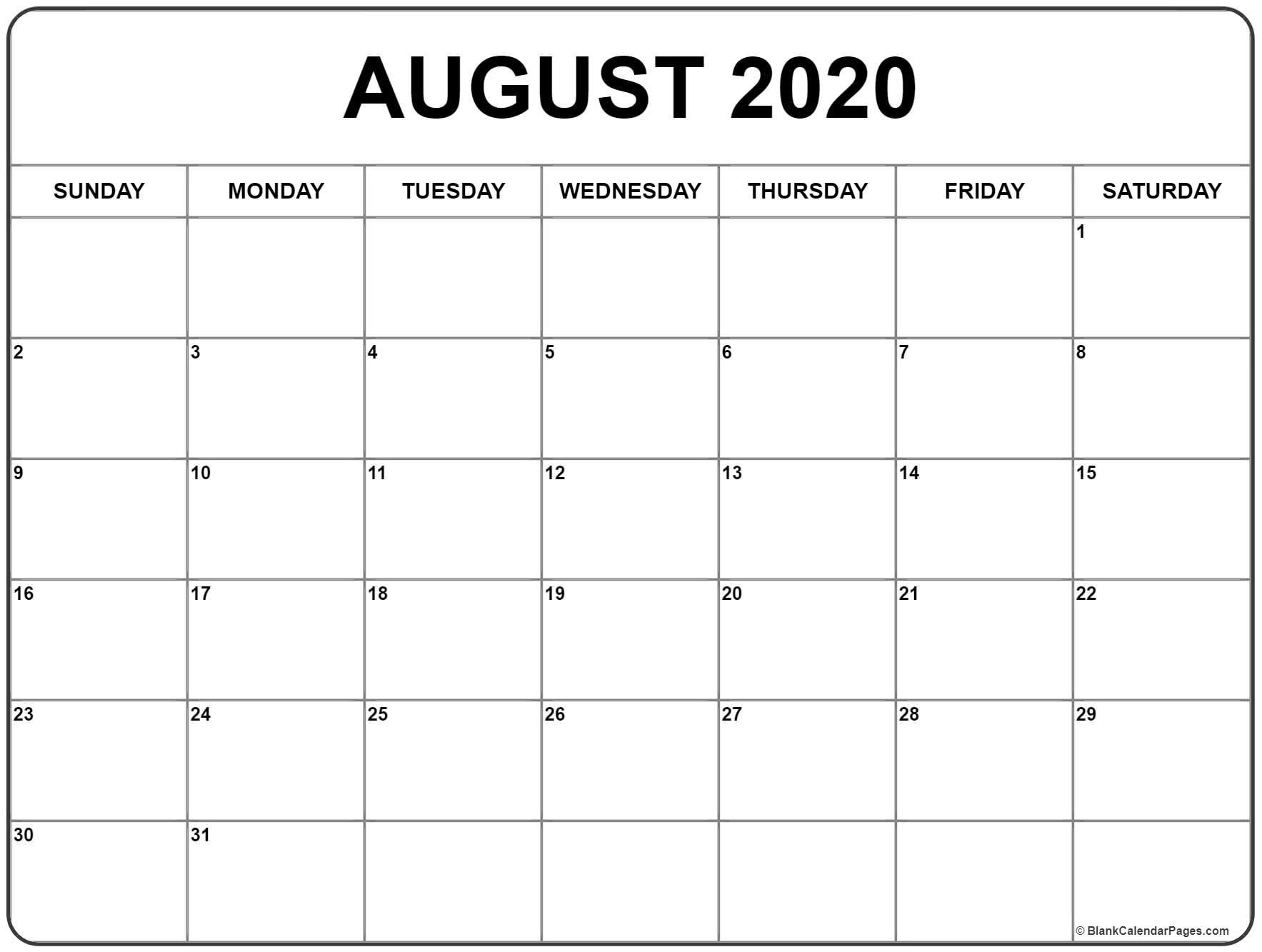 August 2020 Calendar | Free Printable Monthly Calendars inside 2020 Fill In Calendar