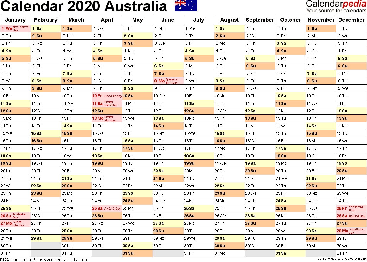 Australia Calendar 2020 - Free Word Calendar Templates within Calendar 365 2020 Printable