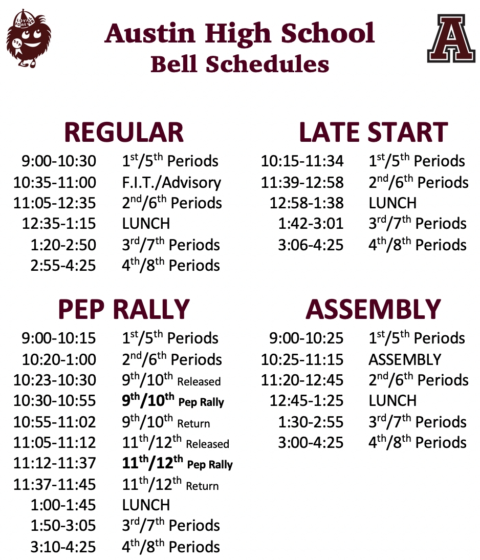 Bell Schedules - Austin High School intended for Sfasu School Schedule 2019 2020
