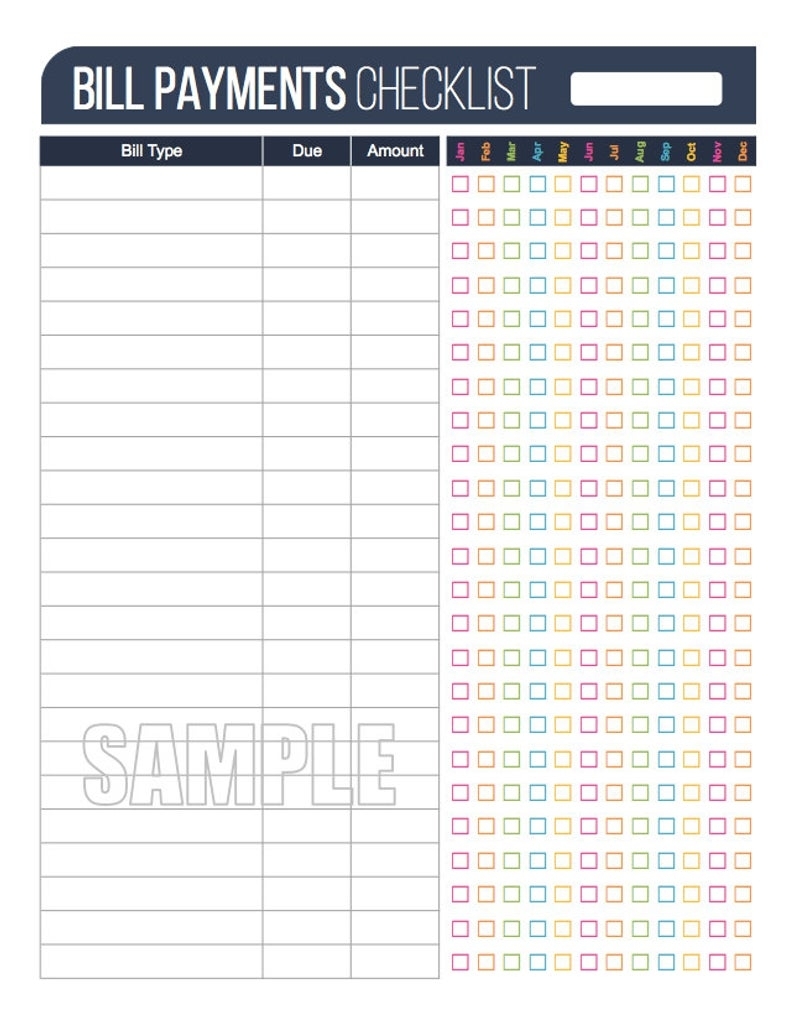Bill Payment Checklist Printable - Fillable - Personal Finance Organizing  Pdf - Instant Download regarding Printable Monthly Bill Paying Worksheet