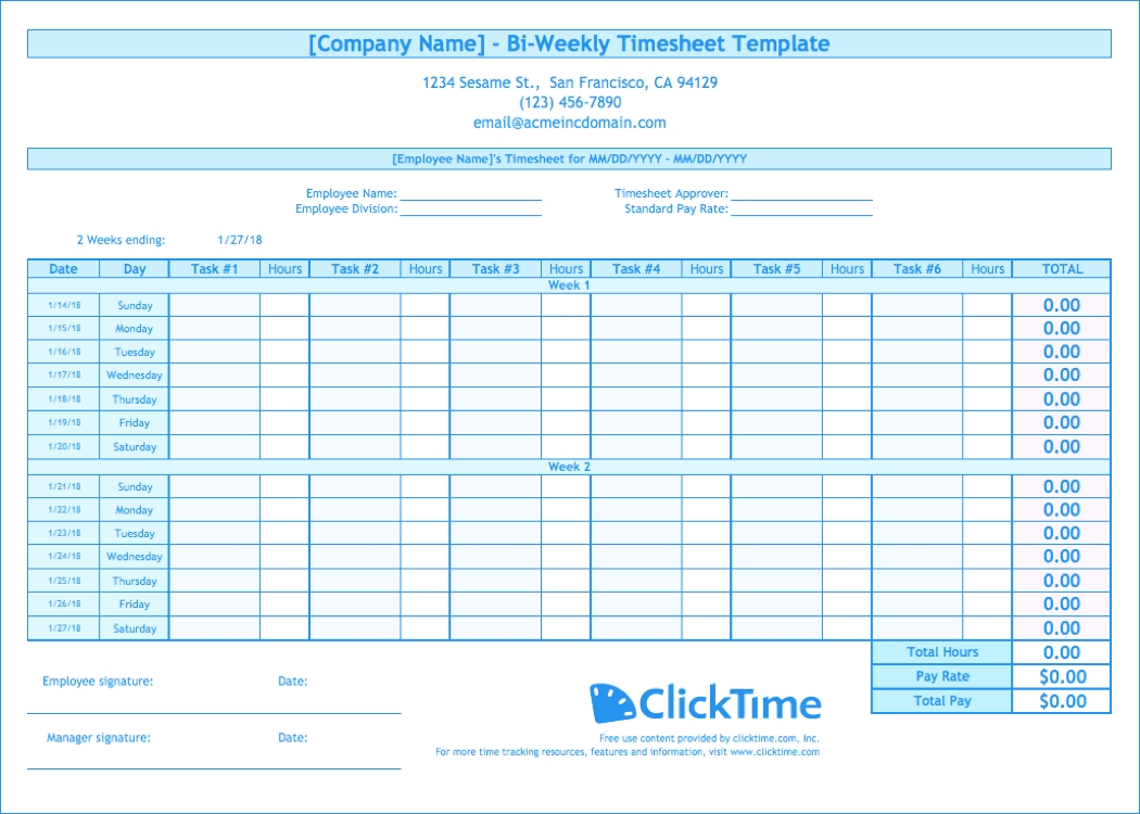 Biweekly Timesheet Template | Free Excel Templates | Clicktime pertaining to Printable Blank Bi-Weekly Employee Schedule