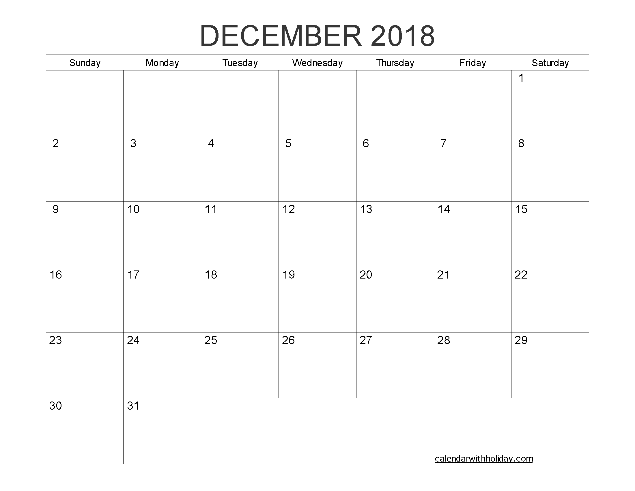 Blank Calendar December 2018 Printable 1 Month Calendar Template with Blank One Month Calendar Template