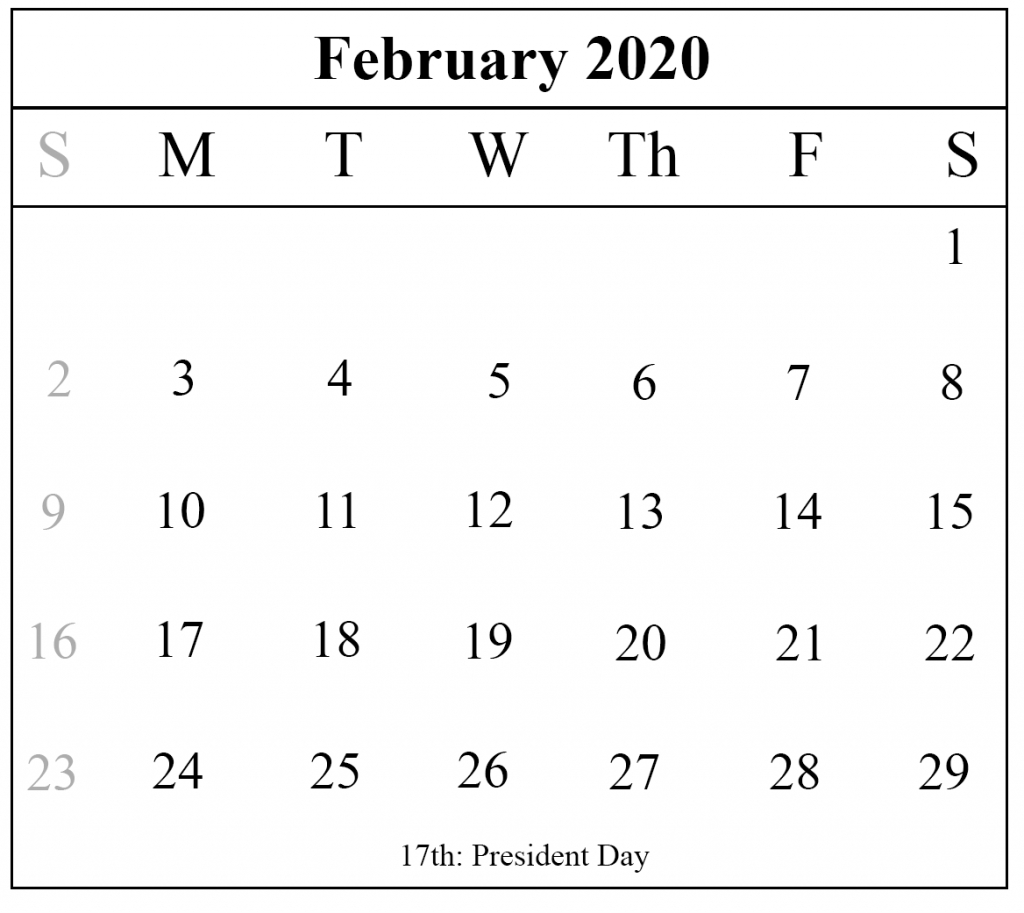 Blank February 2020 Calendar Printable Template – Pdf Word Excel throughout Special Calendar Days 2020