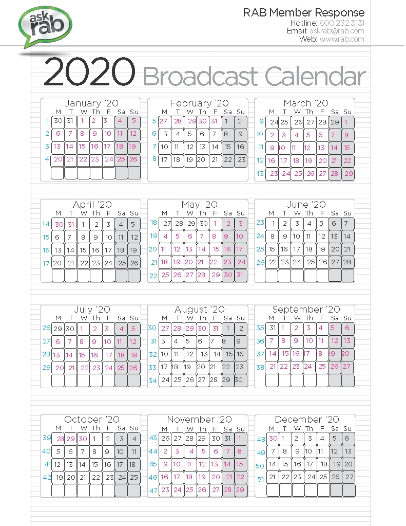 Broadcast Calendars | Rab for 2020 Calendar Sunday To Saturday