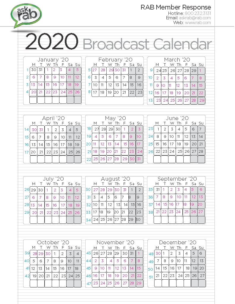 Broadcast Calendars | Rab regarding Retail Calander 2020