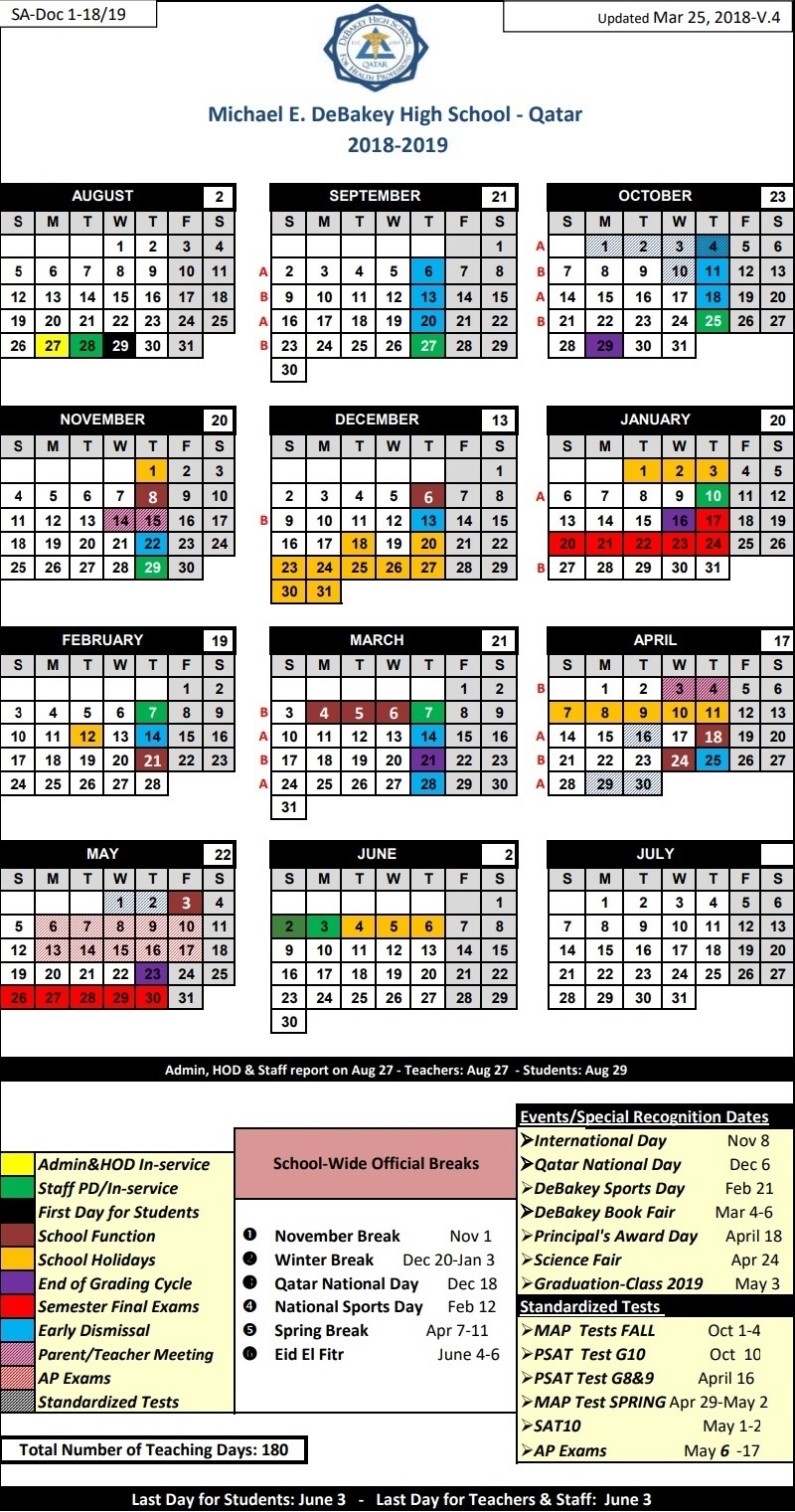 Calendar 2018 – 2019 | Michael E. Debakey High School - Qatar inside School Year Calendar 2019-2020   Michael E. Debakey High