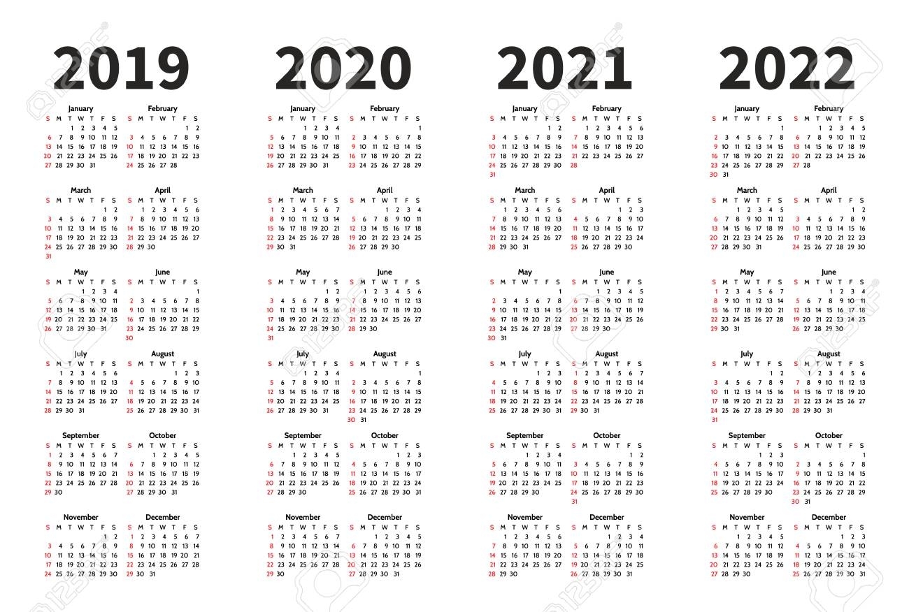 Calendar 2019, 2020, 2021 And 2022 Year Vector Design Template throughout Yearly Calendar 2019 2020 2021