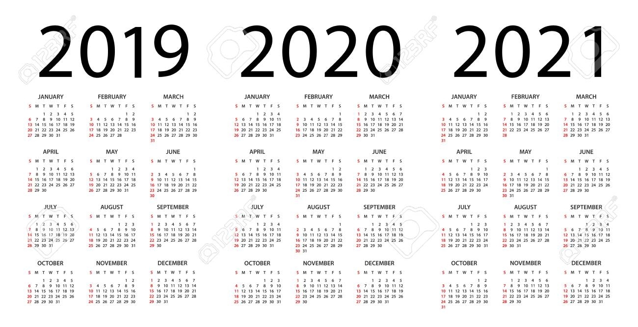 Calendar 2019 2020 2021 Year - Vector Illustration. Week Starts inside Yearly Calendar 2019 2020 2021