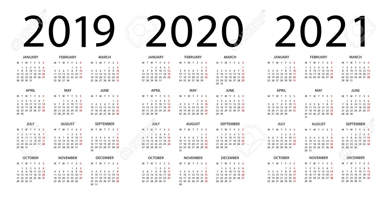 Calendar 2019 2020 2021 Year - Vector Illustration. Week Starts within Calendar 2019 2020 With Boxes