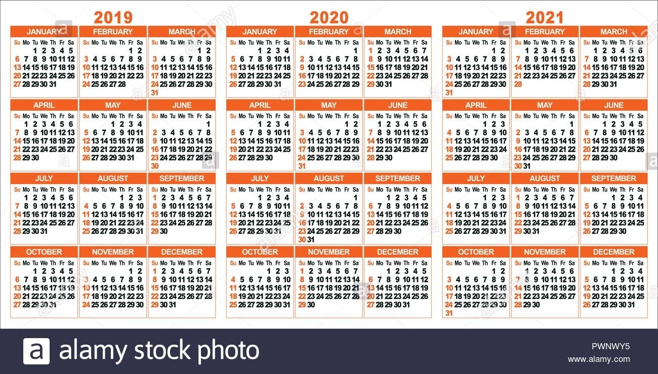 Calendar 2019; 2020; 2021 Years. Two Colors Vector Set. Week Starts inside Week Count Calendar 2019-2020