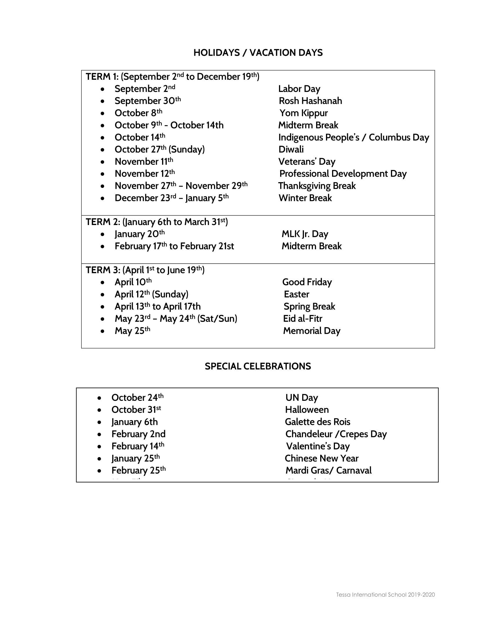 Calendar 2019-2020 - Tessa International School with Special Days In 2020