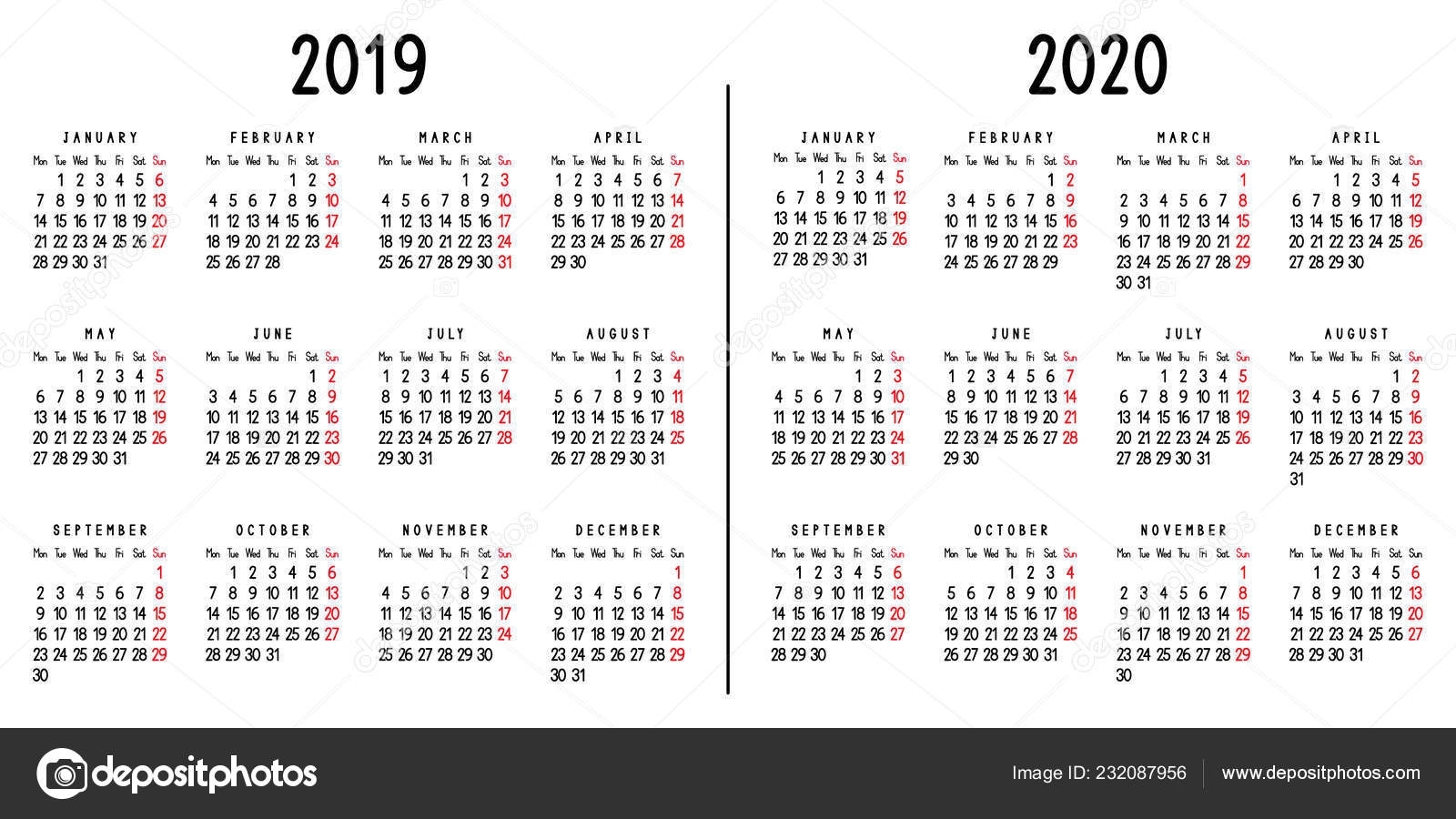 Calendar 2019 2020 Week Starts Monday Vector Illustration — Stock for 2019-2020 Calendar Starting On Mondays