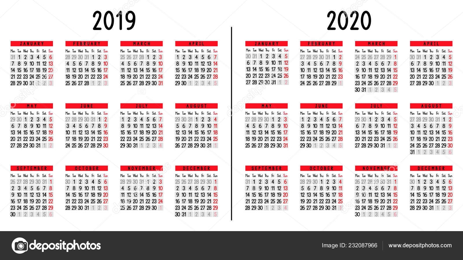 Calendar 2019 2020 Week Starts Monday Vector Illustration — Stock within Week Count Calendar 2019-2020