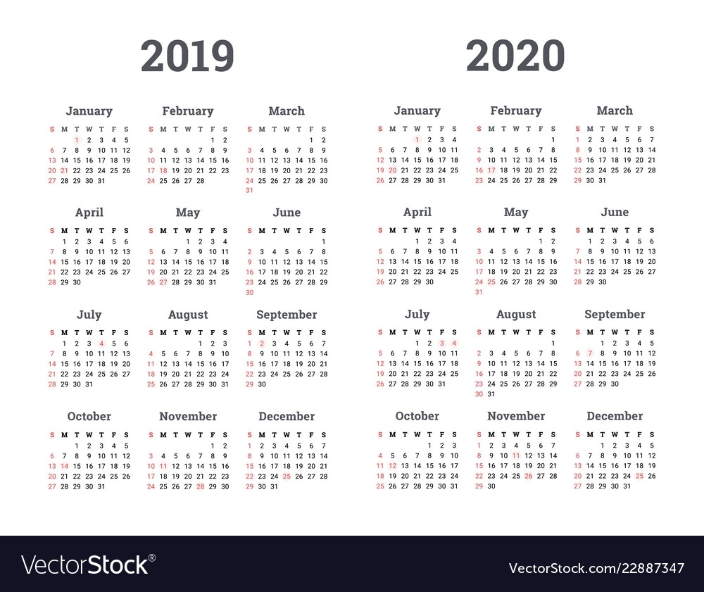 Calendar 2019 2020 Year Royalty Free Vector Image with Calendar 2019 2020 With Boxes