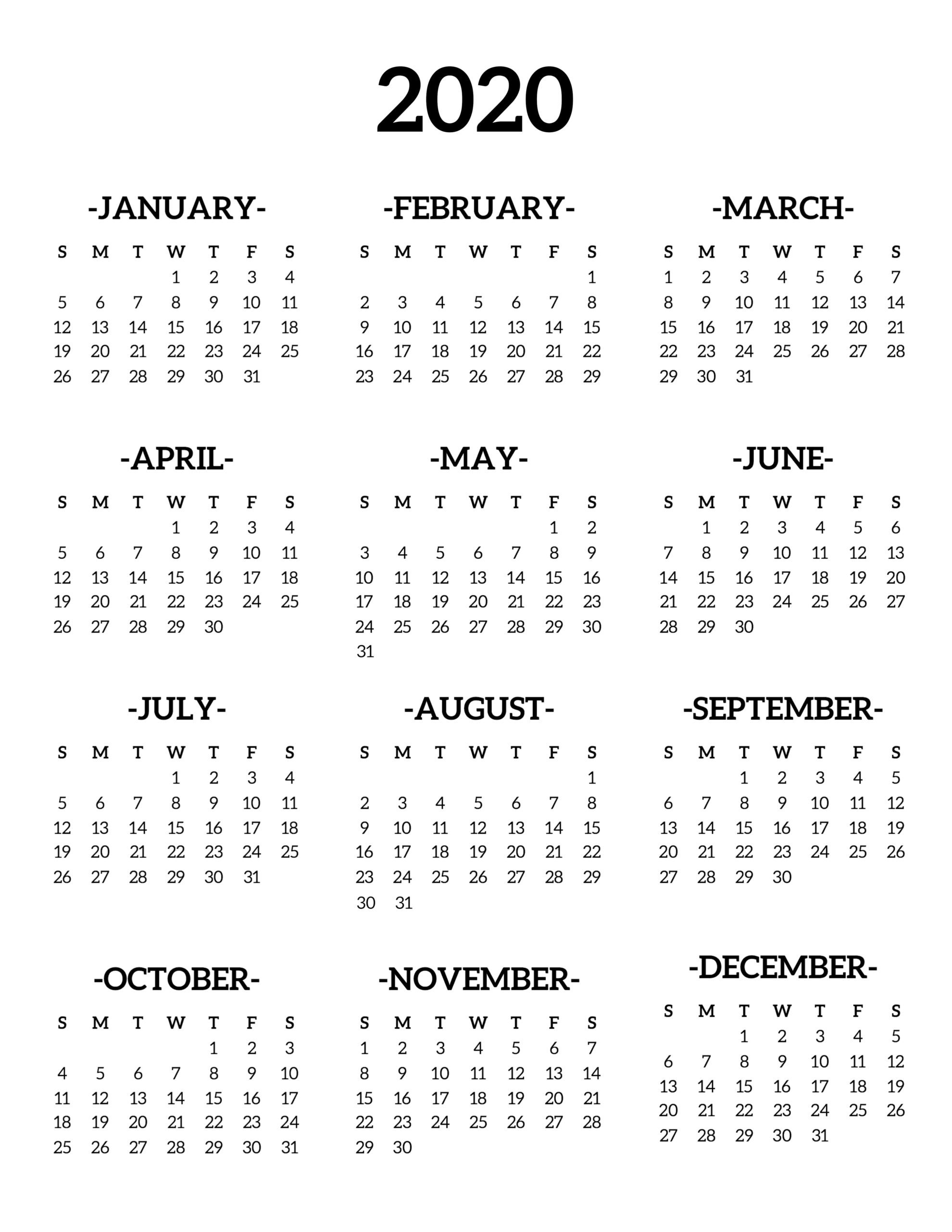 Calendar 2020 Printable One Page - Paper Trail Design regarding 2020 Year At A Glance Free Printable Calendar