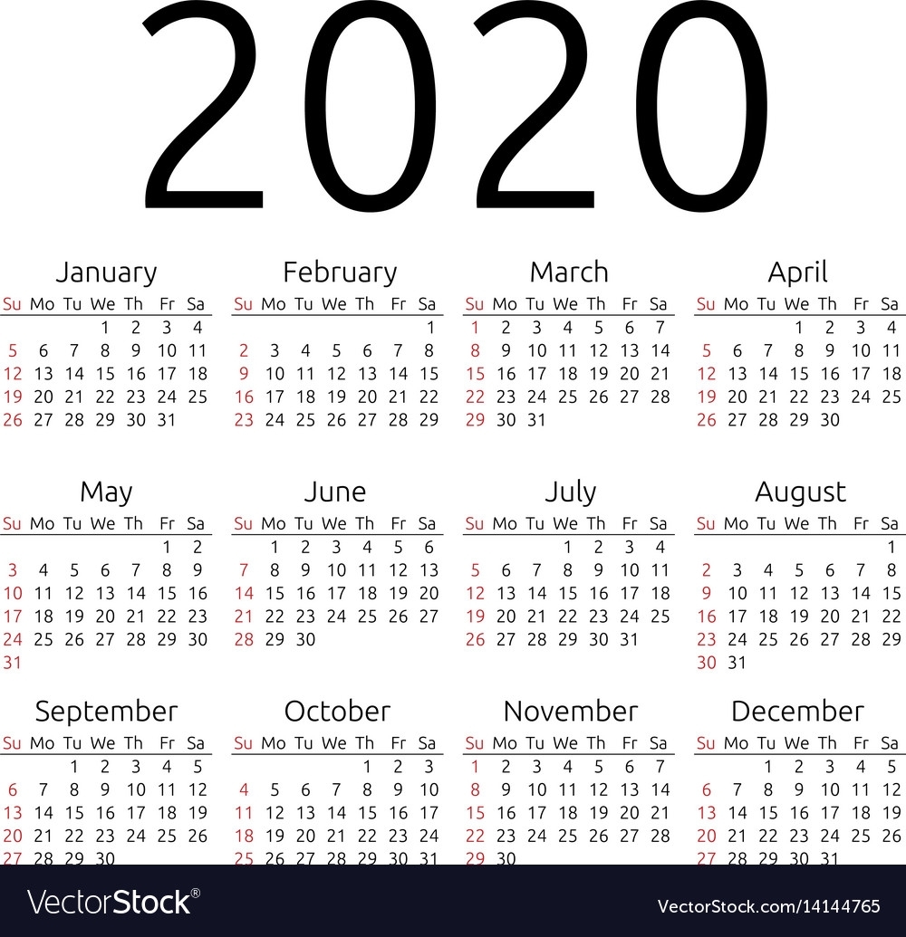 Calendar 2020 Sunday Royalty Free Vector Image regarding 2020 Calendar Monday To Sunday