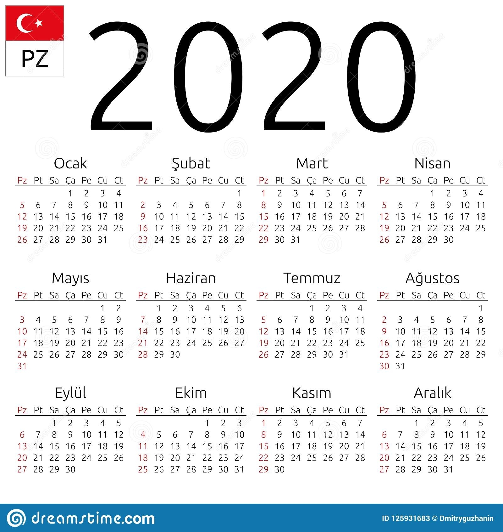 Calendar 2020, Turkish, Sunday Stock Vector - Illustration Of 2020 in 2020 Calendar Monday To Sunday