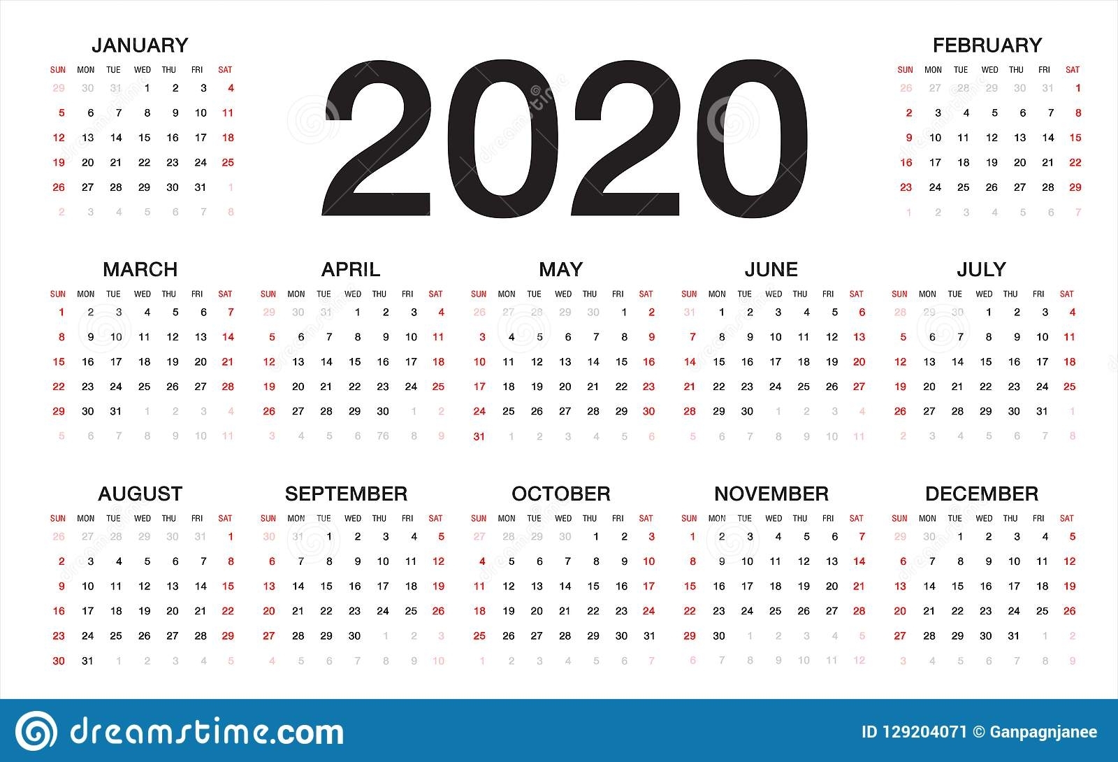 Calendar 2020, Week Starts From Sunday, Business Template Stock intended for Calender 2020 Template Monday To Sunday