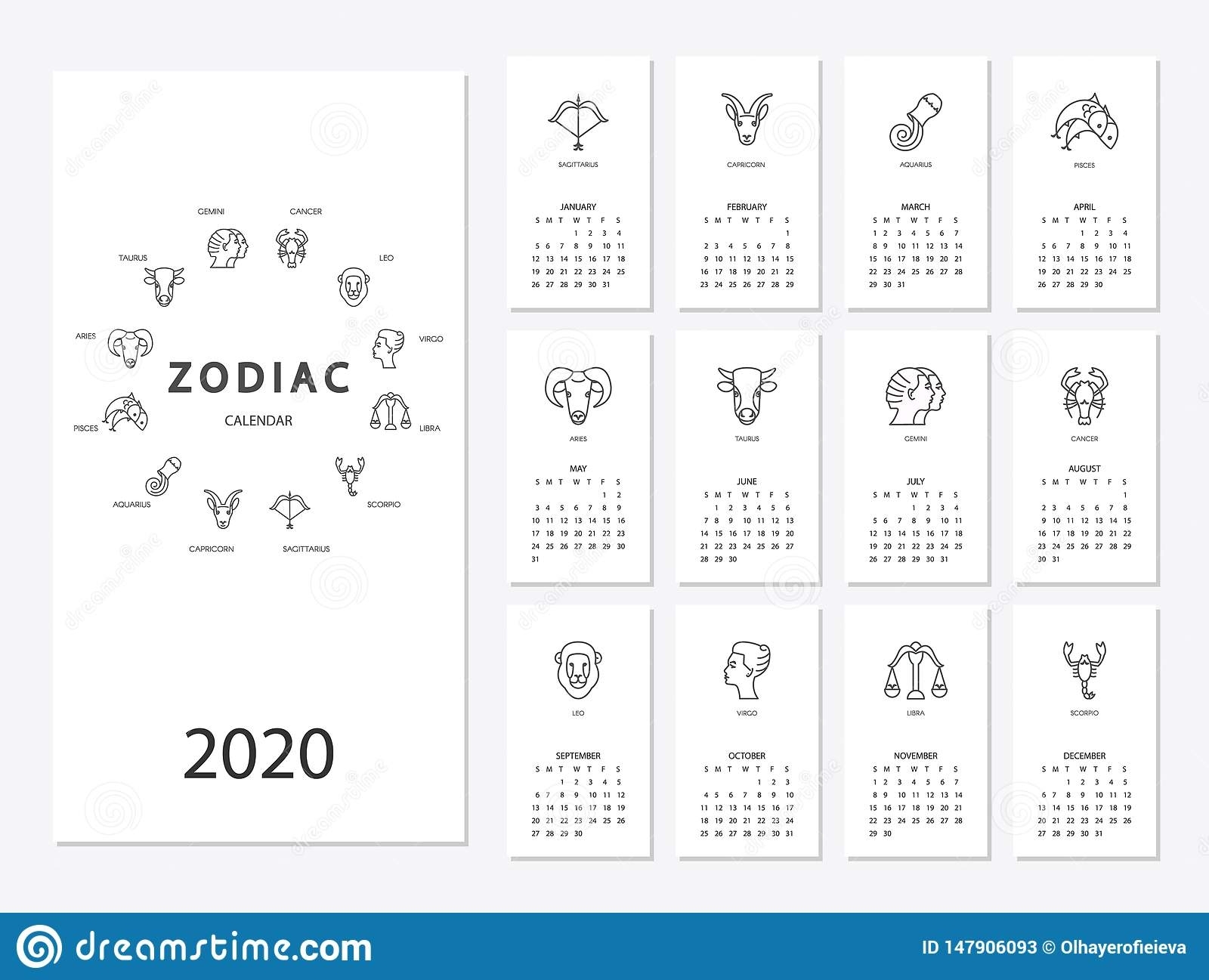 Calendar 2020 With Horoscope Signs Zodiac Symbols Set Stock Vector in Calendar 2020  Zodiac