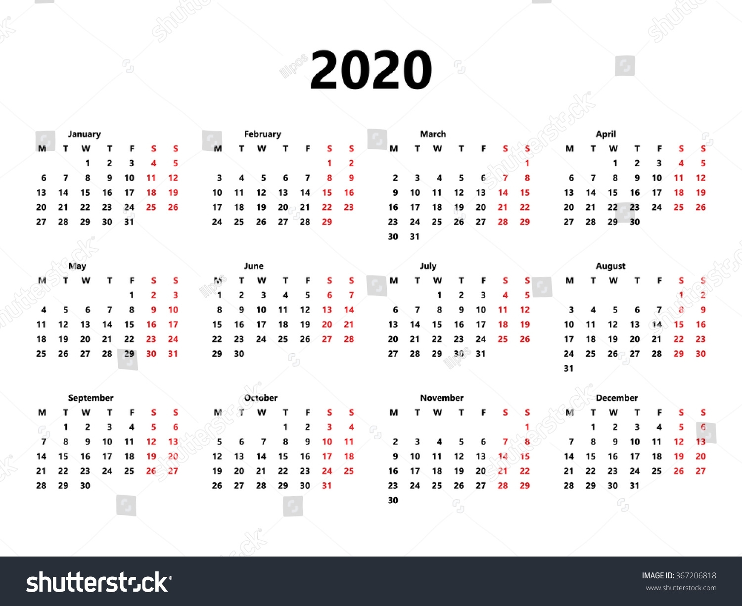 Calendar 2020 Year Simple Style Week Stock Vector (Royalty Free inside 2020 Calendar Starting With Monday