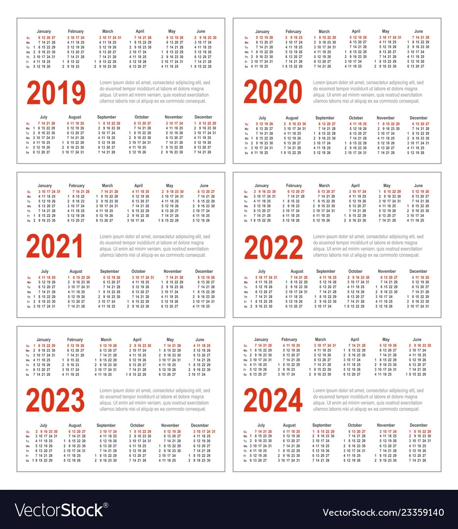 Calendar For 2019 2020 2021 2022 2023 2024 Vector Image in Printable Calendar For 2019/2020/2021/2022/2023