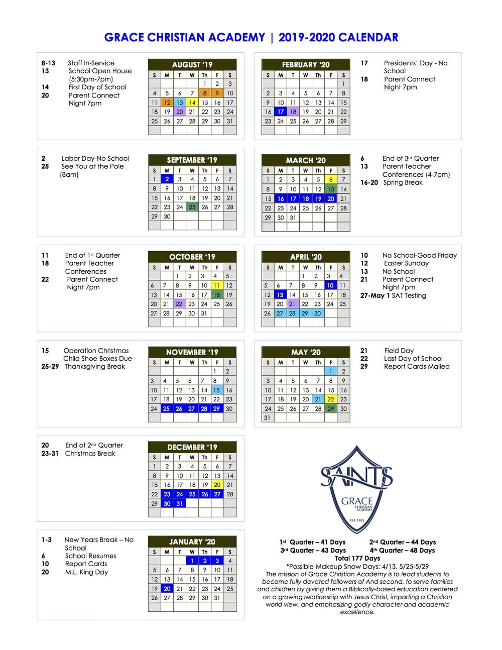 Calendar For 2019-2020 — Grace Christian Academy throughout 2019 2020 Box Calender