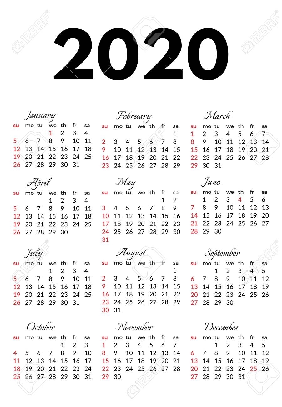 Calendar For 2020 Isolated On A White Background. Sunday To Monday,.. with Monday - Sunday 2020