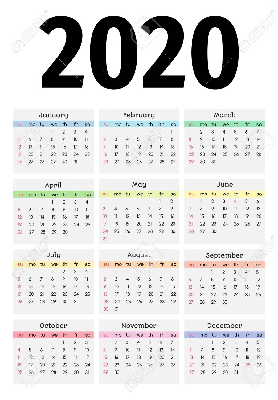 Calendar For 2020 Isolated On A White Background. Sunday To Monday,.. with Monday - Sunday 2020