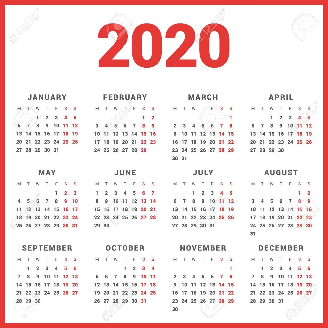 Calendar For 2020 Year On White Background. Week Starts Monday in 2020 Calendar Starting With Monday