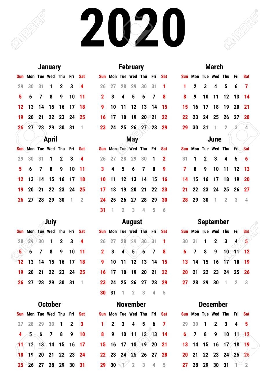 Calendar For 2020 Year On White Background. Week Starts Sunday pertaining to 2020 Calendar Monday To Sunday