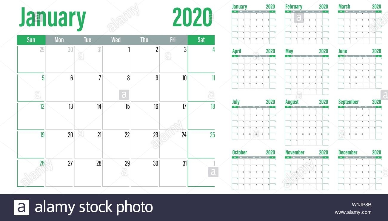 Calendar Planner 2020 Template Vector Illustration All 12 Months for 2020 Calendar Sunday Through Saturday