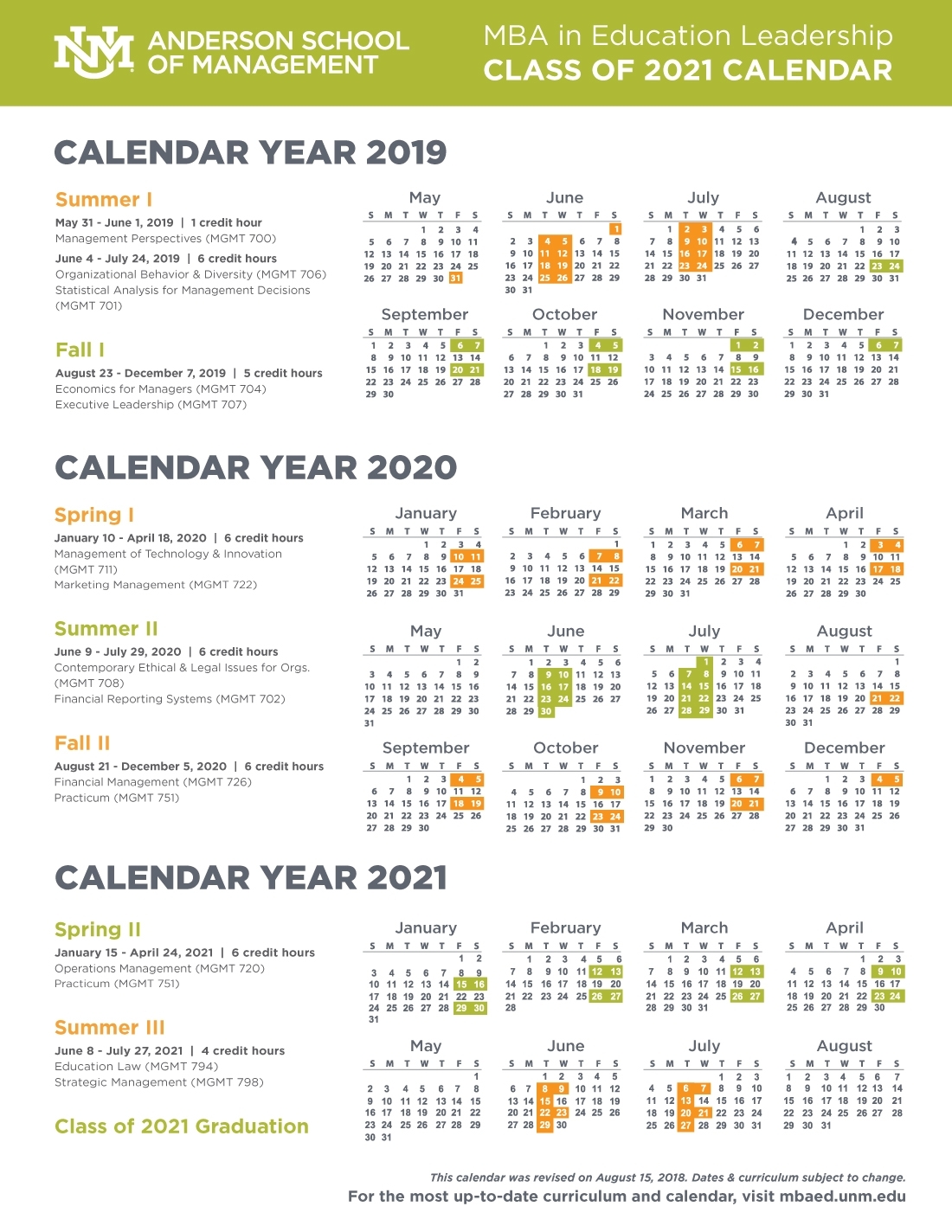 Calendar, Schedule, And Course Descriptions :: Anderson Mba In throughout 2019 2020 Calendar Unm