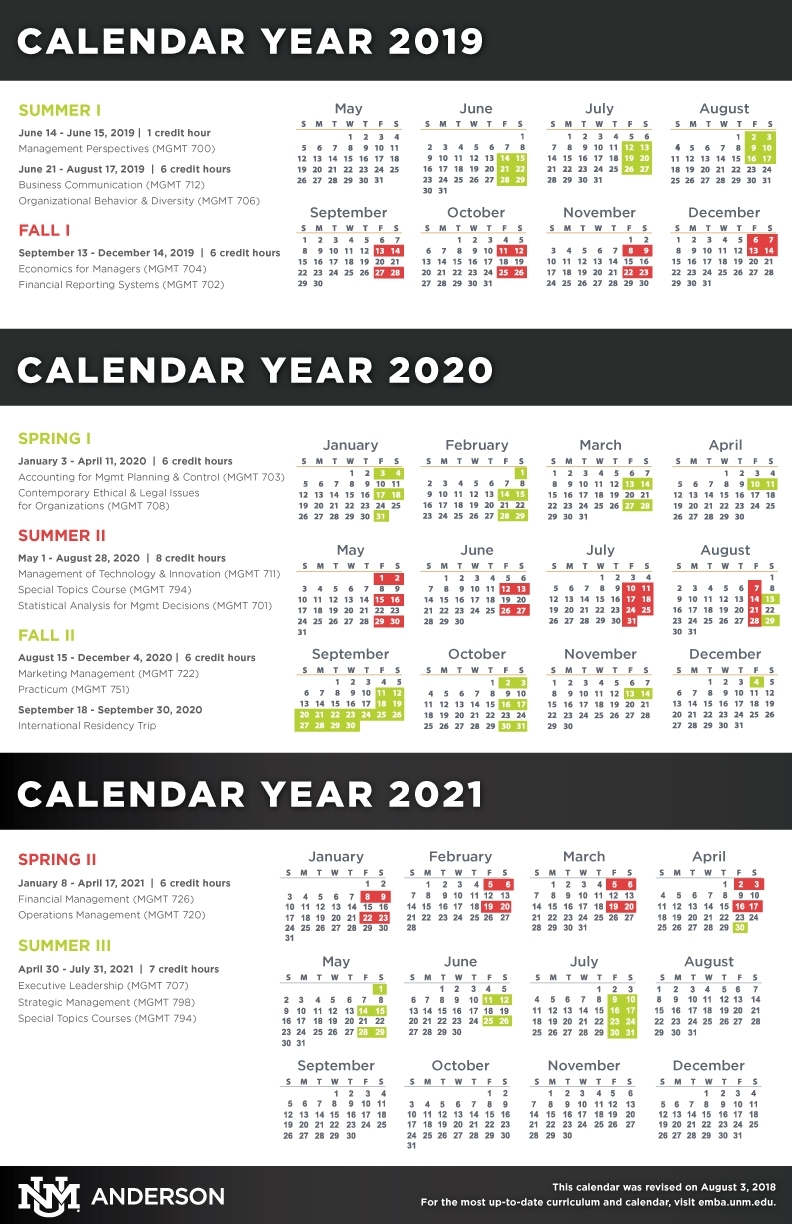 Calendar, Schedule, &amp; Course Descriptions :: Anderson Executive Mba with regard to 2019 2020 Calendar Unm