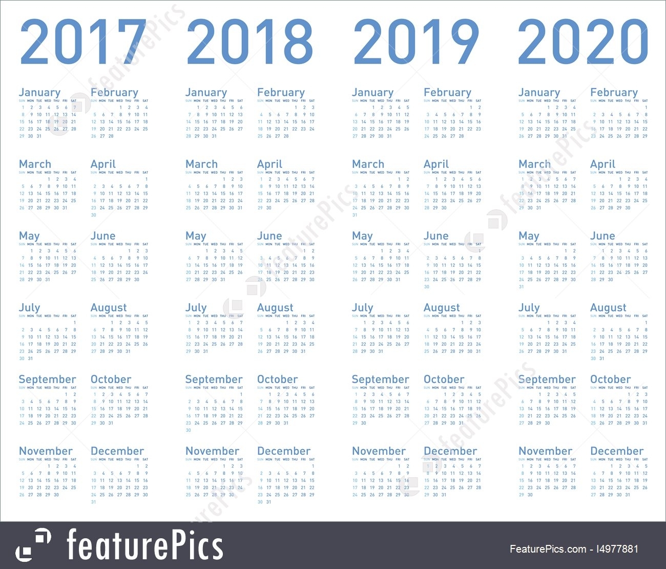 Calendars: Simple Blue Calendar For Years 2017, 2018, 2019 And 2020 with regard to 2020 8 X 10 Calendars
